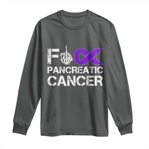 Fck Pancreatic Cancer Long Sleeve Shirt Purple Ribbon Skeleton Hand Graphic