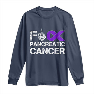 Fck Pancreatic Cancer Long Sleeve Shirt Purple Ribbon Skeleton Hand Graphic