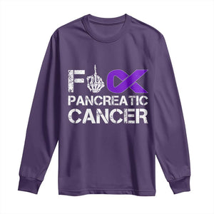 Fck Pancreatic Cancer Long Sleeve Shirt Purple Ribbon Skeleton Hand Graphic