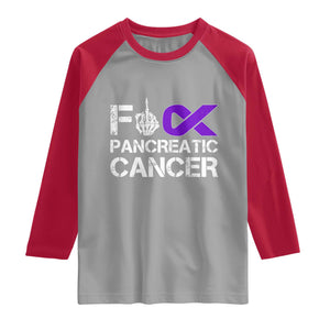 Fck Pancreatic Cancer Raglan Shirt Purple Ribbon Skeleton Hand Graphic