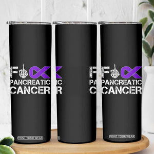 Fck Pancreatic Cancer Skinny Tumbler Purple Ribbon Skeleton Hand Graphic