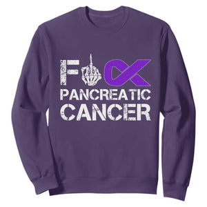 Fck Pancreatic Cancer Sweatshirt Purple Ribbon Skeleton Hand Graphic