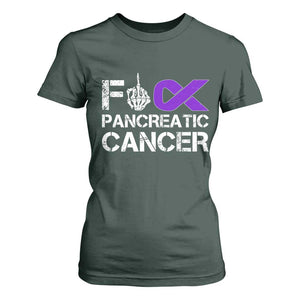 Fck Pancreatic Cancer T Shirt For Women Purple Ribbon Skeleton Hand Graphic