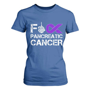 Fck Pancreatic Cancer T Shirt For Women Purple Ribbon Skeleton Hand Graphic