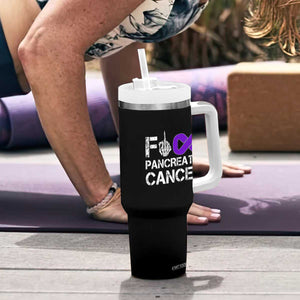 Fck Pancreatic Cancer Tumbler With Handle Purple Ribbon Skeleton Hand Graphic