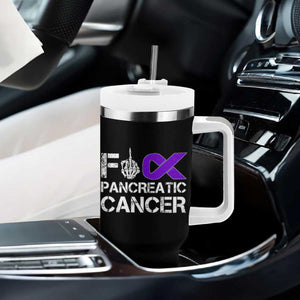 Fck Pancreatic Cancer Tumbler With Handle Purple Ribbon Skeleton Hand Graphic
