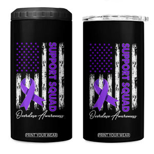 Support Squad Overdose Awareness 4 in 1 Can Cooler Tumbler Purple Ribbon American Flag Graphic