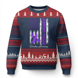 Support Squad Overdose Awareness Ugly Christmas Sweater Purple Ribbon American Flag Graphic