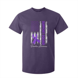Support Squad Overdose Awareness T Shirt For Kid Purple Ribbon American Flag Graphic