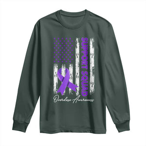 Support Squad Overdose Awareness Long Sleeve Shirt Purple Ribbon American Flag Graphic