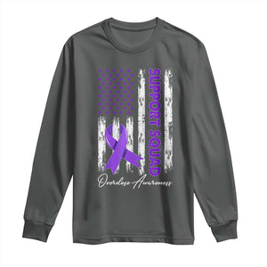 Support Squad Overdose Awareness Long Sleeve Shirt Purple Ribbon American Flag Graphic