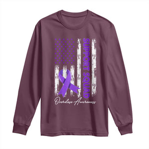 Support Squad Overdose Awareness Long Sleeve Shirt Purple Ribbon American Flag Graphic