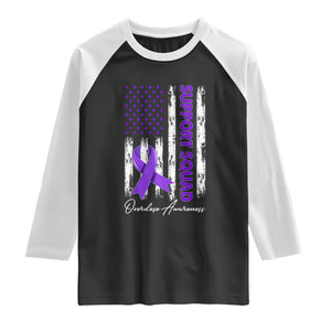 Support Squad Overdose Awareness Raglan Shirt Purple Ribbon American Flag Graphic