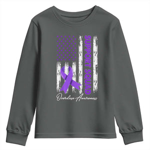 Support Squad Overdose Awareness Youth Sweatshirt Purple Ribbon American Flag Graphic