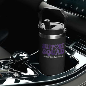 Support Squad Overdose Awareness Flip Straw Tumbler Purple Ribbon Groovy Typography Graphic