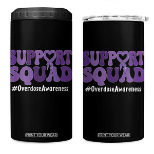 Support Squad Overdose Awareness 4 in 1 Can Cooler Tumbler Purple Ribbon Groovy Typography Graphic