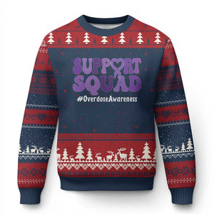Support Squad Overdose Awareness Ugly Christmas Sweater Purple Ribbon Groovy Typography Graphic