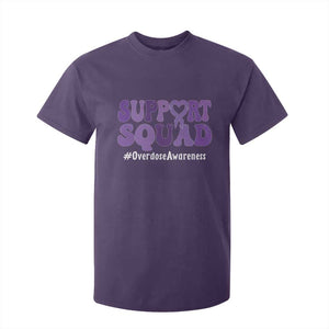 Support Squad Overdose Awareness T Shirt For Kid Purple Ribbon Groovy Typography Graphic