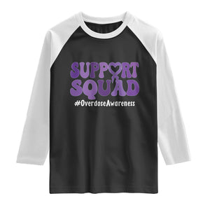 Support Squad Overdose Awareness Raglan Shirt Purple Ribbon Groovy Typography Graphic