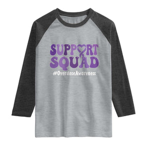 Support Squad Overdose Awareness Raglan Shirt Purple Ribbon Groovy Typography Graphic