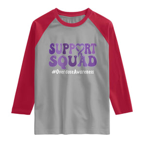 Support Squad Overdose Awareness Raglan Shirt Purple Ribbon Groovy Typography Graphic