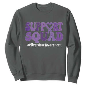 Support Squad Overdose Awareness Sweatshirt Purple Ribbon Groovy Typography Graphic