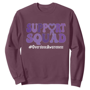 Support Squad Overdose Awareness Sweatshirt Purple Ribbon Groovy Typography Graphic