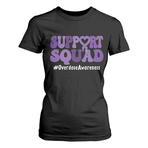 Support Squad Overdose Awareness T Shirt For Women Purple Ribbon Groovy Typography Graphic