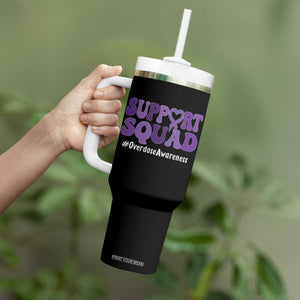 Support Squad Overdose Awareness Tumbler With Handle Purple Ribbon Groovy Typography Graphic