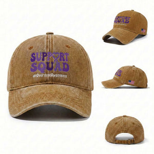Support Squad Overdose Awareness Washed Cotton Baseball Cap Purple Ribbon Groovy Typography Graphic