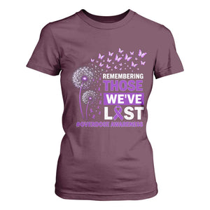 Overdose Awareness T Shirt For Women Remembering Those We Have Lost Dandelion Purple Ribbon Memorial