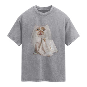 Funny Halloween Ghost Cat Meme Washed Cotton T-Shirt