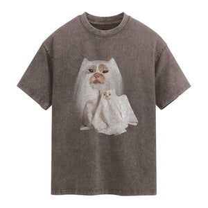 Funny Halloween Ghost Cat Meme Washed Cotton T-Shirt