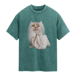Funny Halloween Ghost Cat Meme Washed Cotton T-Shirt