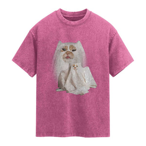 Funny Halloween Ghost Cat Meme Washed Cotton T-Shirt
