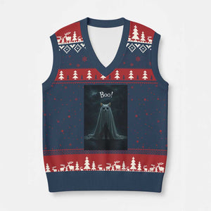 Cat Halloween V-Neck Knit Sweater Vest Spooky Season Ghost Kitten Haunted Mansion TS10 Navy Red Print Your Wear