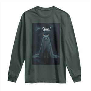 Cat Halloween Long Sleeve Shirt Spooky Season Ghost Kitten Haunted Mansion TS10 Dark Forest Green Print Your Wear
