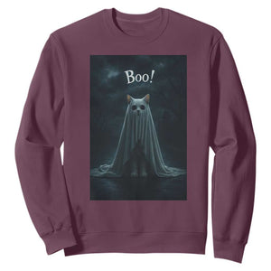 Cat Halloween Sweatshirt Spooky Season Ghost Kitten Haunted Mansion TS10 Maroon Print Your Wear