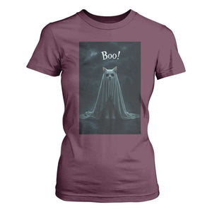 Cat Halloween T Shirt For Women Spooky Season Ghost Kitten Haunted Mansion TS10 Maroon Print Your Wear