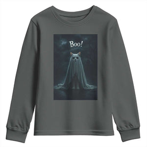 Cat Halloween Youth Sweatshirt Spooky Season Ghost Kitten Haunted Mansion TS10 Dark Heather Print Your Wear