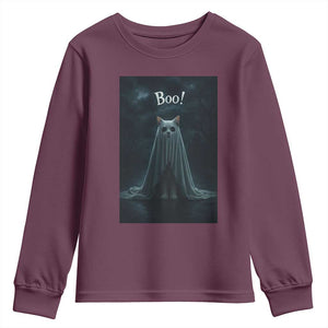 Cat Halloween Youth Sweatshirt Spooky Season Ghost Kitten Haunted Mansion TS10 Maroon Print Your Wear