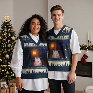 Wizard Cat V-Neck Knit Sweater Vest Weird Funny Retro Halloween Orange Cat Meme TS10 Navy Beige Print Your Wear