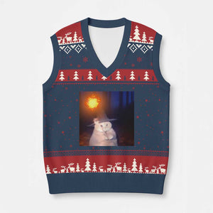 Wizard Cat V-Neck Knit Sweater Vest Weird Funny Retro Halloween Orange Cat Meme TS10 Navy Red Print Your Wear