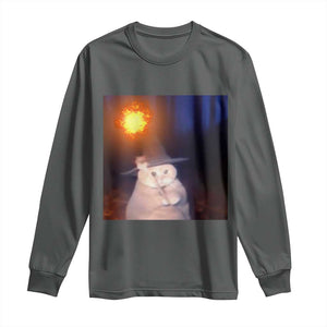 Wizard Cat Long Sleeve Shirt Weird Funny Retro Halloween Orange Cat Meme TS10 Dark Heather Print Your Wear