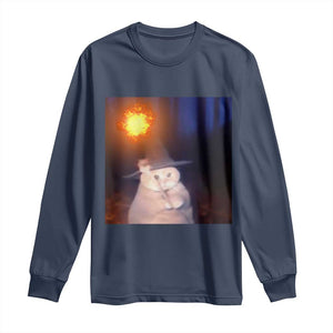Wizard Cat Long Sleeve Shirt Weird Funny Retro Halloween Orange Cat Meme TS10 Navy Print Your Wear