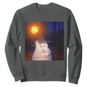 Wizard Cat Sweatshirt Weird Funny Retro Halloween Orange Cat Meme TS10 Dark Heather Print Your Wear