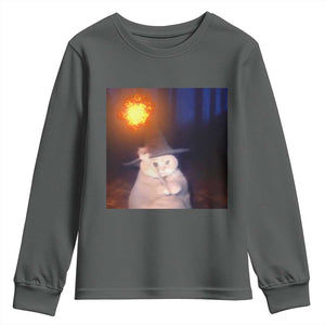 Wizard Cat Youth Sweatshirt Weird Funny Retro Halloween Orange Cat Meme TS10 Dark Heather Print Your Wear