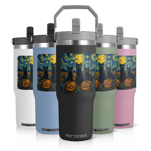 Cat Starry Night Flip Straw Tumbler Funny Cat Lover Gifts Halloween Van Gogh TS10 Print Your Wear