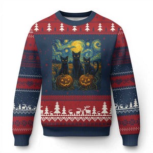 Cat Starry Night Ugly Christmas Sweater Funny Cat Lover Gifts Halloween Van Gogh TS10 Navy Red Print Your Wear