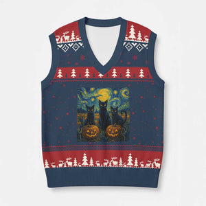 Cat Starry Night V-Neck Knit Sweater Vest Funny Cat Lover Gifts Halloween Van Gogh TS10 Navy Red Print Your Wear